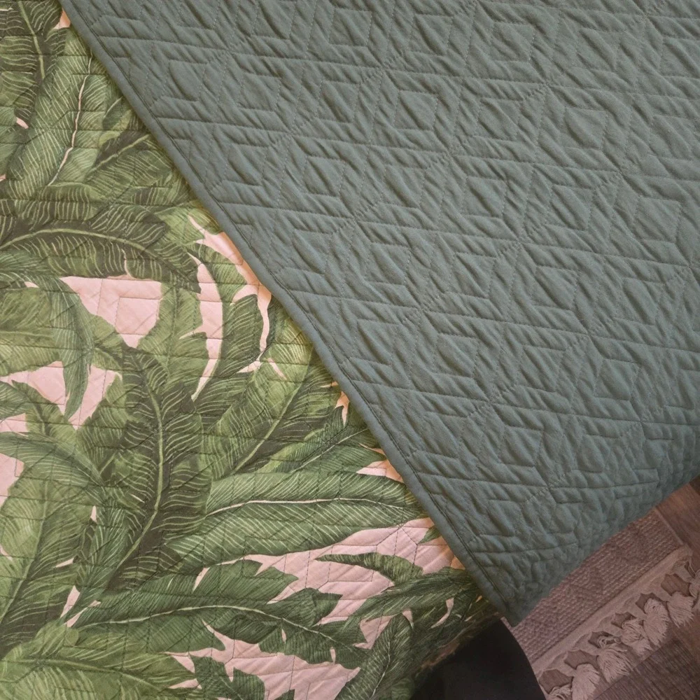 RZ by Rachel Zoe Tropical Palm Leaf Quilt King Green White Botanical Reversible